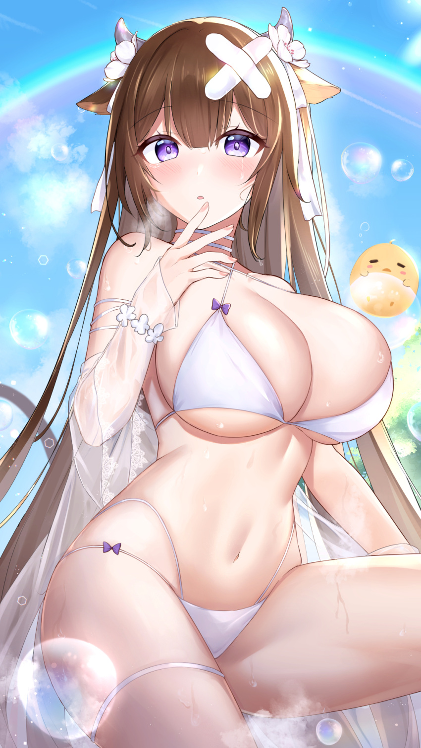 1girl :o animal_ears azur_lane bangs bikini blue_sky blush breasts brown_hair bubble cleavage cow_ears cow_horns curvy eyebrows_visible_through_hair flower hair_flower hair_ornament hair_ribbon hand_up highres horns jyu-so kashino_(azur_lane) kashino_(hot_springs_relaxation)_(azur_lane) large_breasts long_hair looking_at_viewer manjuu_(azur_lane) navel official_alternate_costume parted_lips purple_eyes rainbow ribbon see-through_sleeves skindentation sky solo steam swimsuit tears thick_thighs thigh_strap thighs very_long_hair wet wet_clothes wet_swimsuit white_bikini