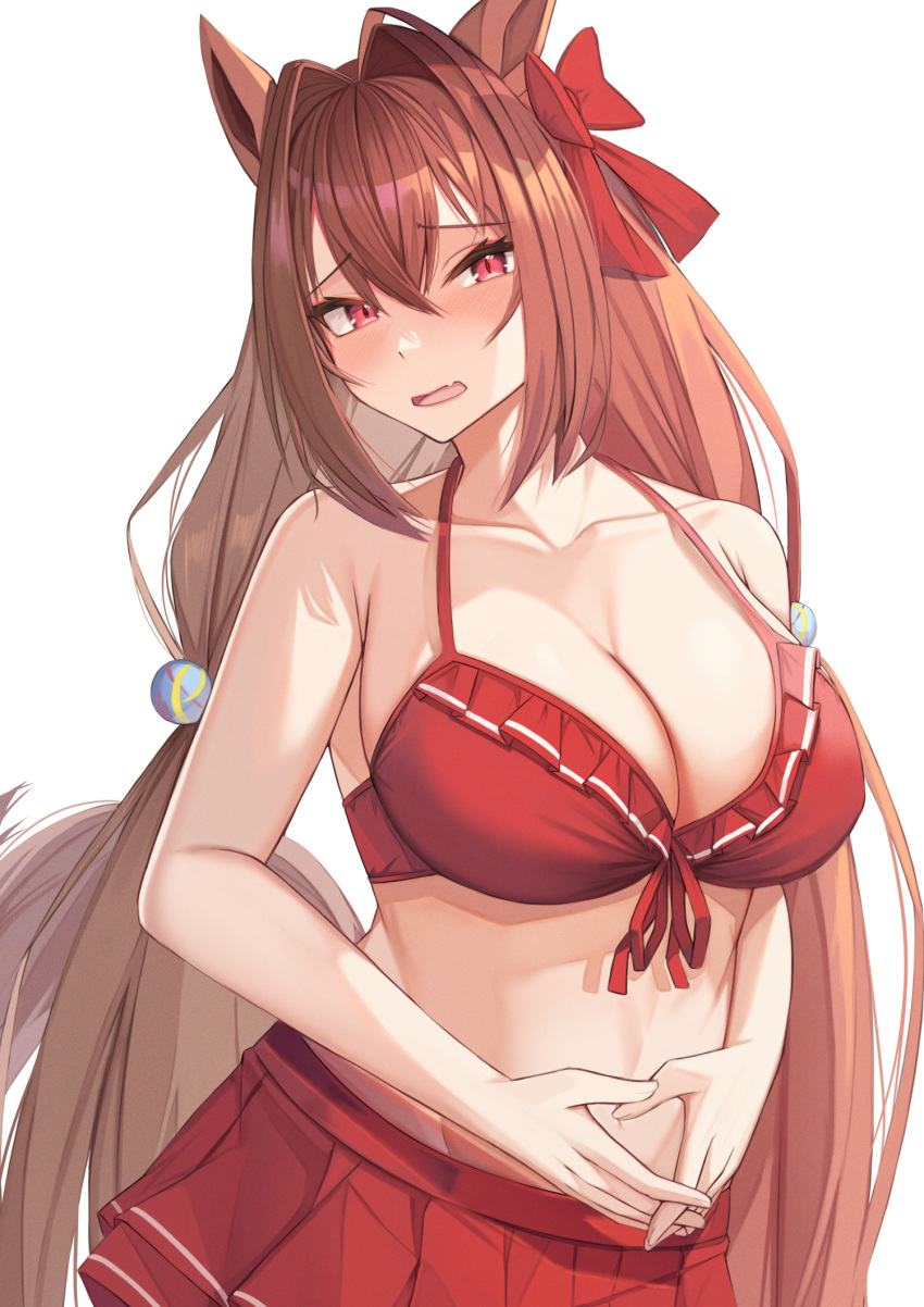 1girl animal_ears bangs bare_arms bare_shoulders blush bow breasts brown_hair cleavage collarbone daiwa_scarlet_(umamusume) hair_bow hair_intakes hair_ornament highres horse_ears horse_girl horse_tail kazuha_(saku_kn) large_breasts long_hair looking_at_viewer parted_lips pleated_skirt red_bow red_eyes red_skirt skirt solo tail twintails umamusume