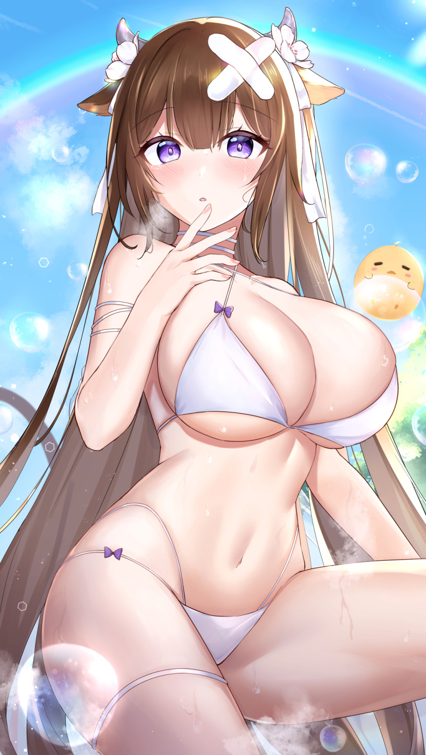 1girl :o animal_ears azur_lane bangs bikini blue_sky blush breasts brown_hair bubble cleavage cow_ears cow_horns curvy eyebrows_visible_through_hair flower hair_flower hair_ornament hair_ribbon hand_up highres horns jyu-so kashino_(azur_lane) kashino_(hot_springs_relaxation)_(azur_lane) large_breasts long_hair looking_at_viewer manjuu_(azur_lane) navel official_alternate_costume parted_lips purple_eyes rainbow ribbon skindentation sky solo steam swimsuit tears thick_thighs thigh_strap thighs very_long_hair wet wet_clothes wet_swimsuit white_bikini