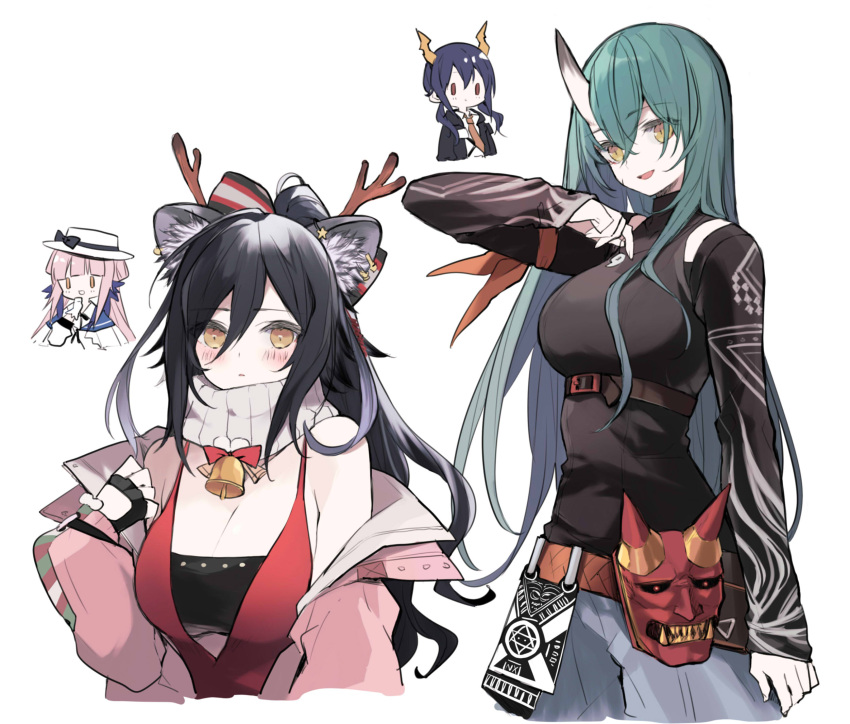 4girls :d animal_ear_fluff animal_ears antlers arknights bangs bare_shoulders bell belt black_gloves black_hair black_shirt blue_hair blush breasts cat_ears ceylon_(arknights) ch'en_(arknights) chibi chibi_inset cleavage commentary cropped_torso ear_piercing eyebrows_visible_through_hair fingerless_gloves gloves green_hair hair_between_eyes highres horns hoshiguma_(arknights) hoshiguma_(patrolling_ronin)_(arknights) itsumi_(itumiyuo) jacket large_breasts long_sleeves looking_at_viewer mask multiple_girls off_shoulder official_alternate_costume oni_horns oni_mask open_clothes open_jacket open_mouth parted_bangs piercing pink_hair pink_jacket ponytail red_eyes scarf schwarz_(arknights) schwarz_(presents)_(arknights) shirt simple_background single_horn skin-covered_horns sleeves_past_wrists smile underbust upper_body white_background white_headwear white_scarf yellow_eyes