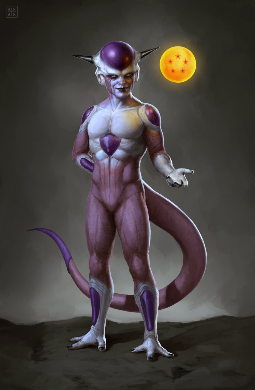 1boy absurdres arm_behind_back astor_alexander commentary dragon_ball dragon_ball_(object) dragon_ball_z english_commentary frieza full_body highres horns male_focus red_eyes smile solo tail watermark