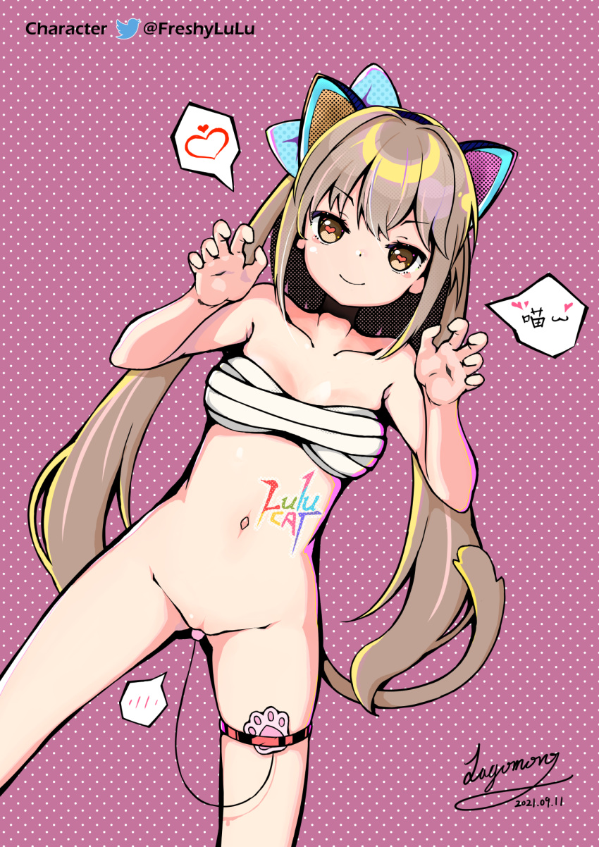 1girl animal_ears artist_name bangs bare_shoulders blue_bow borrowed_character bottomless bow breasts brown_eyes brown_hair cat_ears cat_girl cat_tail character_name chest_sarashi chinese_commentary chinese_text claw_pose closed_mouth collarbone commentary_request controller dated dutch_angle egg_vibrator english_text eyebrows_visible_through_hair groin hair_bow halftone happy heart heart-shaped_pupils highres lagomoro legs_apart long_hair masturbation medium_breasts navel object_insertion original paw_print pink_background polka_dot polka_dot_background pussy remote_control remote_control_vibrator sarashi sex_toy shiny shiny_hair shiny_skin sidelocks signature simple_background skindentation smile solo speech_bubble spoken_heart standing stomach straight-on symbol-shaped_pupils tail thigh_strap tied_hair translated twintails twitter_logo twitter_username uncensored v-shaped_eyebrows vaginal vaginal_object_insertion vibrator