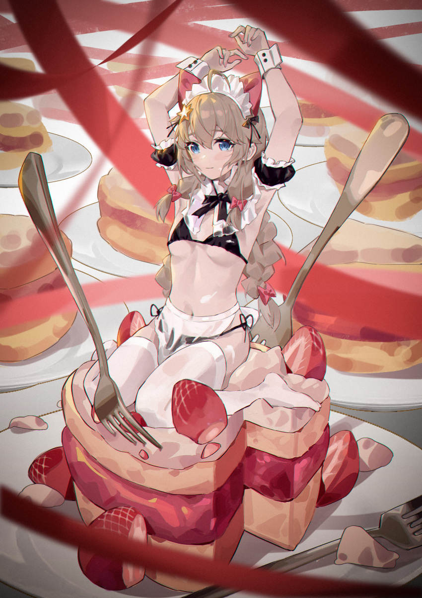 1girl a-soul absurdres ahoge armpits arms_up bangs bigroll bikini black_bikini blue_eyes blurry blush bow bowtie braid breasts brown_hair cake chinese_commentary closed_mouth commentary detached_sleeves diana_(a-soul) food fork frilled_sleeves frills fruit full_body hair_between_eyes hair_bow hair_ornament highres long_hair maid maid_bikini maid_headdress minigirl nail_polish navel no_shoes pink_nails plate red_ribbon ribbon see-through sitting small_breasts solo strawberry swimsuit thighhighs virtual_youtuber wariza white_legwear wrist_cuffs