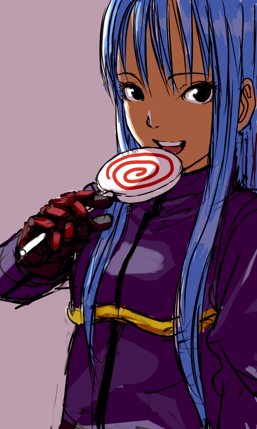 1girl black_eyes blue_hair bodysuit breasts candy food gloves highres holding holding_candy holding_food holding_lollipop kula_diamond lollipop long_hair looking_at_viewer open_mouth simple_background smile solo swirl_lollipop the_king_of_fighters yamamoto_souichirou