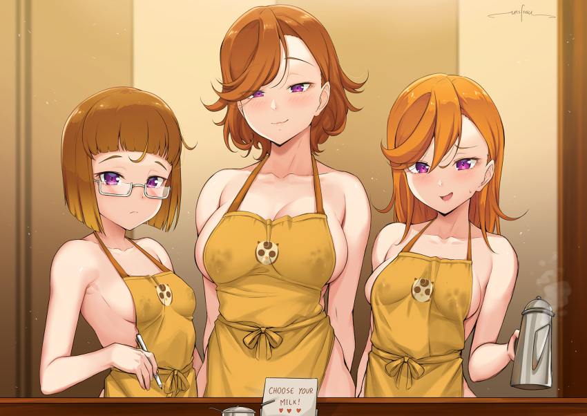 3girls apron arms_behind_back artist_name bangs blunt_bangs blush breasts brown_hair cafe closed_mouth collarbone commentary counter covered_nipples english_commentary english_text eyebrows_visible_through_hair hair_between_eyes highres holding holding_pen iced_latte_with_breast_milk_(meme) lactation lactation_through_clothes large_breasts long_hair looking_at_viewer love_live! love_live!_superstar!! mature_female medium_breasts meme mother_and_daughter multiple_girls naked_apron nervous_smile open_mouth orange_hair pen pitcher pout print_apron purple_eyes shibuya_aria shibuya_kanon shibuya_kanon's_mother short_hair shy siblings sign signature sisters small_breasts smile steam straight_hair sweatdrop swept_bangs unsfrau upper_body wavy_hair yellow_apron