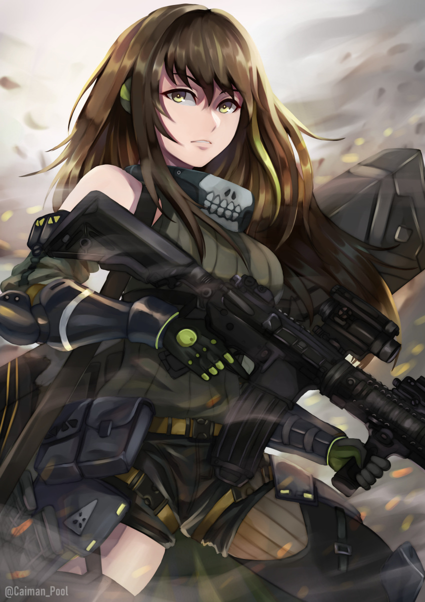 1girl absurdres assault_rifle bangs bare_shoulders black_gloves black_legwear black_shorts brown_hair caiman_pool elbow_gloves girls'_frontline gloves green_eyes gun highres holding holding_gun holding_weapon long_hair looking_at_viewer m4_carbine m4a1_(girls'_frontline) mod3_(girls'_frontline) open_mouth particle_cannon_case rifle scarf shirt shorts sleeveless sleeveless_shirt solo teeth thighhighs weapon