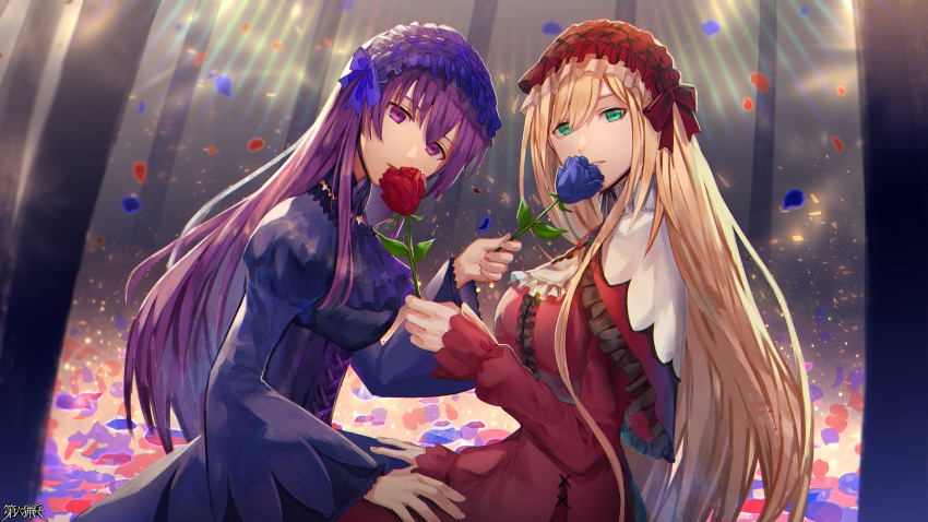 2girls bangs black_dress blonde_hair blue_flower blue_rose blunt_bangs bow breasts capelet character_request choker commentary_request dairoku_ryouhei dress field flower flower_field frilled_dress frills gothic_lolita green_eyes highres holding holding_flower lolita_fashion long_hair long_sleeves medium_breasts multiple_girls neck_ribbon official_art penguu_(green528) petals puffy_long_sleeves puffy_sleeves purple_eyes purple_hair red_flower red_rose ribbon rose sitting