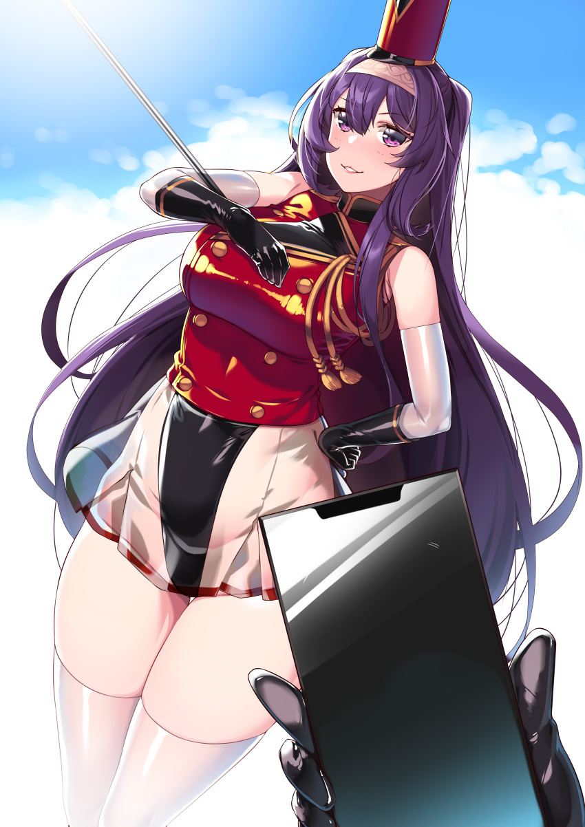 1girl absurdres band_uniform black_leotard cellphone covered_navel elbow_gloves gloves hat hie_(hiememiko) hiememiko highleg highleg_leotard highres leotard long_hair looking_at_viewer marching_band marching_band_baton original phone purple_hair red_uniform see-through_skirt shako_cap skirt smartphone smile solo thighhighs thong_leotard