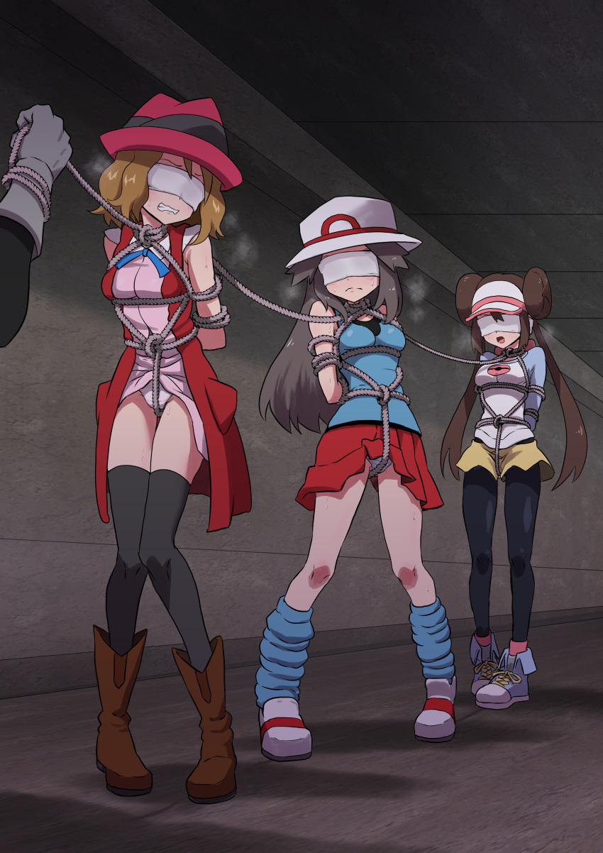 1boy 3girls absurdres black_legwear blindfold blue_legwear blue_ribbon blue_shirt boots breasts breath brown_footwear brown_hair clenched_teeth closed_mouth commentary_request double_bun dress frown gloves grey_gloves hat highres holding holding_rope indoors knees kusugurijin leaf_(pokemon) legs_apart legwear_under_shorts long_hair loose_socks medium_hair multiple_girls neck_ribbon open_mouth panties pantyhose pink_dress pleated_skirt pokemon pokemon_(anime) pokemon_(game) pokemon_bw2 pokemon_frlg pokemon_xy_(anime) raglan_sleeves red_skirt ribbon rope rosa_(pokemon) serena_(pokemon) shibari shibari_over_clothes shirt shoes short_shorts shorts skirt sleeveless sleeveless_shirt sneakers standing teeth thighhighs tongue twintails underwear visor_cap white_footwear white_headwear yellow_shorts