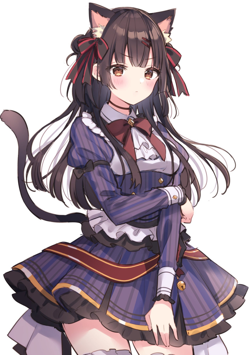 1girl animal_ear_fluff animal_ears bangs bell black_choker black_hair blunt_bangs blush breasts cat_ears cat_girl cat_tail choker cowboy_shot dress eyelashes hair_ornament hair_ribbon hairpin highres idolmaster idolmaster_shiny_colors juliet_sleeves long_sleeves looking_at_viewer mayuzumi_fuyuko neck_ribbon petticoat puffy_sleeves ribbon simamura_hibari simple_background small_breasts solo straight_hair striped striped_dress tail thighhighs white_background wrist_cuffs zettai_ryouiki