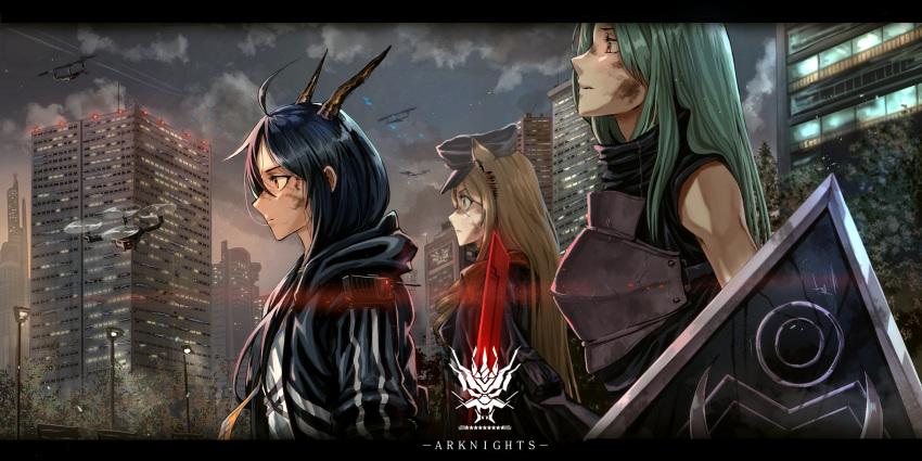 3girls animal_ears arknights armor black_headwear black_jacket black_shirt blonde_hair blue_hair breastplate ch'en_(arknights) city closed_mouth cloud cloudy_sky commentary condensation_trail copyright_name dirty dirty_face dragon_horns drill_hair drone dusk earpiece expressionless from_side glowing glowing_sword glowing_weapon great_lungmen_logo green_eyes green_hair hair_between_eyes hannya_(arknights) hat highres holding holding_shield hood hooded_jacket horns hoshiguma_(arknights) jacket letterboxed long_hair lownd military_hat multiple_girls necktie oni_horns open_clothes open_jacket orange_eyes orange_necktie outdoors peaked_cap profile red_eyes shield shirt single_horn sky sleeveless sleeveless_shirt striped striped_jacket swire_(arknights) sword tiger_ears turtleneck upper_body walkie-talkie weapon white_shirt