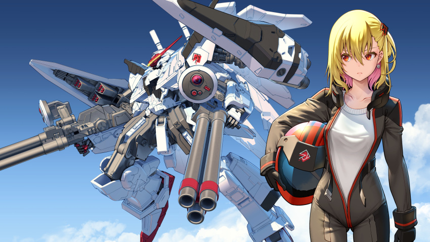 ashizawa_saki black_bodysuit blonde_hair bodysuit cloud collarbone colored_inner_hair dual_wielding flying gun gundam gundam_hathaway's_flash headwear_removed helmet helmet_removed highres holding holding_gun holding_helmet holding_weapon looking_to_the_side mecha missile_pod multicolored_hair official_art pilot_suit pinakes pink_hair riot_music science_fiction shield shirt side_ponytail sky virtual_youtuber visor weapon white_shirt