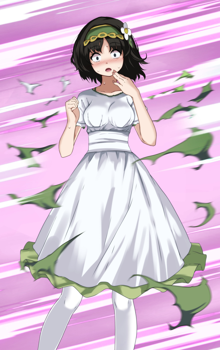 1girl absurdres black_hair blue_eyes blush bracelet dress erika_(pokemon) flower hair_flower hair_ornament headband highres jewelry official_alternate_costume pantyhose pokemon pokemon_(game) pokemon_masters_ex short_hair short_sleeves solo surprised sweat sweatdrop thighhighs torn_clothes tsukishiro_saika