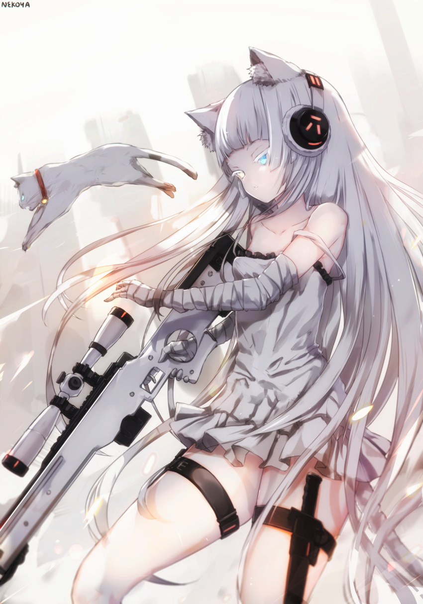 1girl absurdres ai_arctic_warfare animal animal_ear_fluff animal_ears artist_name awp_(girls'_frontline)_(nekoya_(liu)) bandaged_arm bandaged_hand bandages bare_shoulders blue_eyes bolt_action breasts building cat cat_ears closed_mouth collarbone colored_eyelashes commentary_request dress frilled_dress frills girls'_frontline glowing glowing_eyes gun headphones heterochromia highres holding holding_gun holding_weapon knife long_hair looking_away nekoya_(liu) original revision rifle signature silver_hair sleeveless sleeveless_dress small_breasts sniper_rifle sniper_scope solo strap_slip trigger_discipline very_long_hair weapon white_cat white_dress yellow_eyes