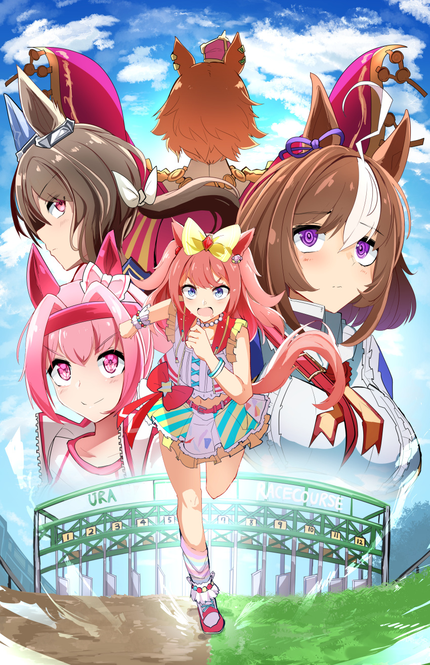 5girls absurdres admire_vega_(umamusume) agnes_digital_(umamusume) animal_ears commentary_request haru_urara_(umamusume) headband highres horse_ears horse_girl horse_tail long_hair looking_at_viewer looking_back meisho_doto_(umamusume) multiple_girls pink_hair racetrack running shi_(kamokamo910) short_hair sky t.m._opera_o_(umamusume) tail umamusume