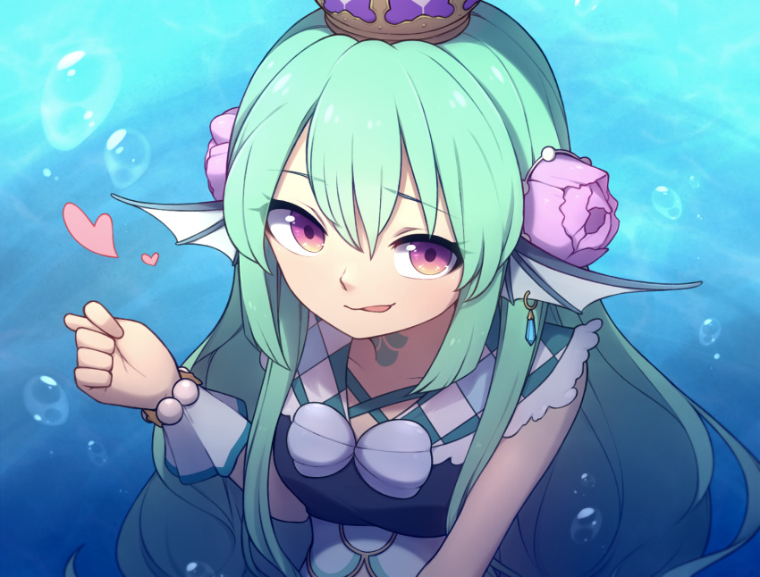 1girl :p air_bubble aqua_hair bangs bubble commentary crown english_commentary eyebrows_visible_through_hair fig_sign finana_ryugu flower hair_between_eyes hair_flower hair_ornament head_fins heart highres long_hair looking_at_viewer nijisanji nijisanji_en pink_eyes smile solo speckticuls tongue tongue_out underwater upper_body virtual_youtuber water