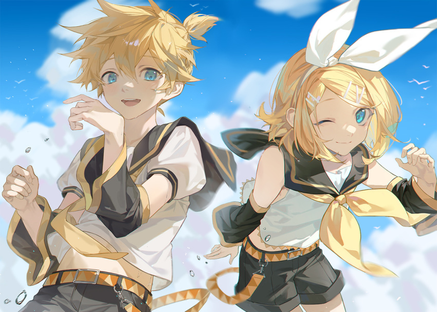 1boy 1girl arms_up bangs bare_shoulders belt belt_buckle black_sailor_collar black_shorts blonde_hair blue_eyes bow brother_and_sister buckle cloud day detached_sleeves hair_between_eyes hair_bow hair_ornament hairband hairclip kagamine_len kagamine_rin lens_flare light_blush light_smile looking_at_viewer one_eye_closed open_mouth outdoors sailor_collar school_uniform serafuku short_hair short_ponytail short_sleeves shorts siblings sky swept_bangs vocaloid water_drop white_bird white_bow xiao_jiaju yellow_neckwear