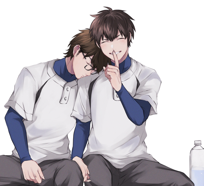 2boys absurdres ace_of_diamond aiaipoponta0605 bangs baseball_jersey baseball_uniform bottle brown_hair closed_eyes finger_to_mouth glasses grey_pants head_on_another's_shoulder highres leaning_on_person male_focus miyuki_kazuya multiple_boys pants sawamura_eijun short_hair shushing sideburns sitting sleeping sleeping_on_person sleeping_upright smile sportswear teeth water_bottle white_background