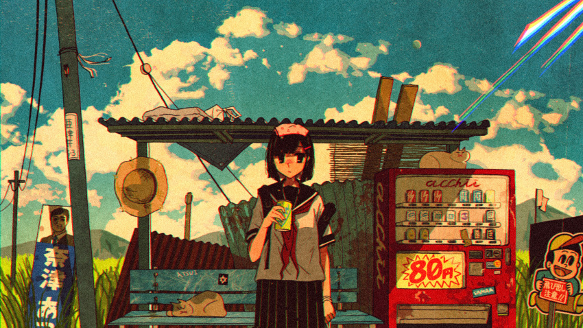 1girl :x awakumo backpack bag bench black_eyes black_hair black_sailor_collar black_skirt blue_sky brown_cat bug can cat chromatic_aberration closed_mouth cloud commentary corrugated_galvanised_iron_sheet day english_commentary film_grain flag grass hair_ornament hairclip hand_up handkerchief hat hat_removed headwear_removed highres holding holding_can looking_at_viewer mixed-language_commentary mountain neckerchief original outdoors plank pleated_skirt power_lines red_neckerchief romaji_text sailor_collar school_uniform serafuku shirt short_hair short_sleeves sign skirt sky solo standing straight-on strap_slip straw_hat translation_request utility_pole vending_machine white_cat white_flag white_serafuku white_shirt