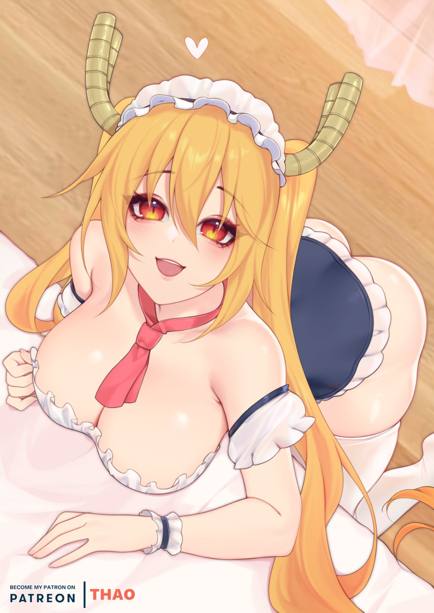 1girl apron ass bangs breasts cleavage commentary dragon_girl dragon_horns hair_between_eyes heart highres horns kobayashi-san_chi_no_maidragon large_breasts looking_at_viewer maid_apron maid_headdress md5_mismatch necktie open_mouth orange_hair puffy_short_sleeves puffy_sleeves red_eyes red_necktie short_necktie short_sleeves solo teeth thighhighs tohru_(maidragon) tomathao twintails white_headdress white_legwear