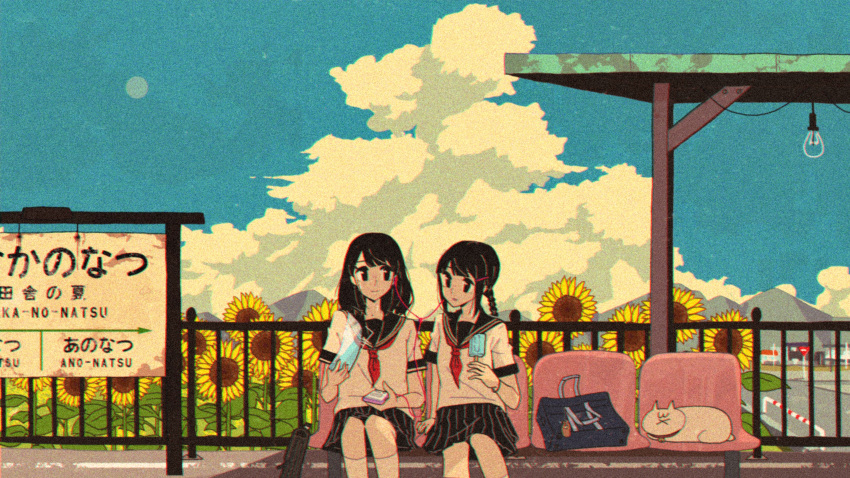 2girls :x absurdres awakumo bag bag_removed bangs black_bag black_eyes black_hair black_sailor_collar black_skirt black_wristband blue_bag blue_sky blunt_bangs braid braided_ponytail cable cat chair closed_mouth cloud commentary_request cumulonimbus_cloud day digital_media_player earphones english_commentary film_grain flower food hair_ornament hairclip hand_up highres holding holding_food kneehighs light_bulb light_smile long_hair looking_at_another making-of_available mixed-language_commentary moon mountain mountainous_horizon multiple_girls multiple_sources neckerchief on_chair original outdoors parted_lips pillar pleated_skirt popsicle railing red_neckerchief road road_sign sailor_collar school_bag school_uniform serafuku shared_earphones shirt short_sleeves sign single_braid sitting skirt sky socks summer sunflower train_station train_station_platform white_cat white_legwear white_serafuku white_shirt wristband yellow_flower