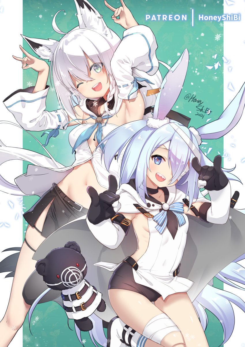 2girls ;d ahoge animal_ear_fluff animal_ears armpits arms_up bandage_over_one_eye bandages bangs black_shorts blue_eyes blush boots braid breasts chinese_commentary collarbone detached_sleeves doll_joints ear_tag eyebrows_visible_through_hair fox_ears fox_girl fox_shadow_puppet fox_tail gloves green_eyes hair_between_eyes hair_over_one_eye highres hololive joints little_witch_nobeta long_hair medium_breasts monica_(little_witch_nobeta) multiple_girls navel one_eye_closed open_mouth rabbit_ears ribbon-trimmed_sleeves ribbon_trim sharp_teeth shibi shirakami_fubuki short_shorts shorts sideboob sidelocks silver_hair single_braid small_breasts smile tail teeth two_side_up virtual_youtuber voice_actor_connection white_hair