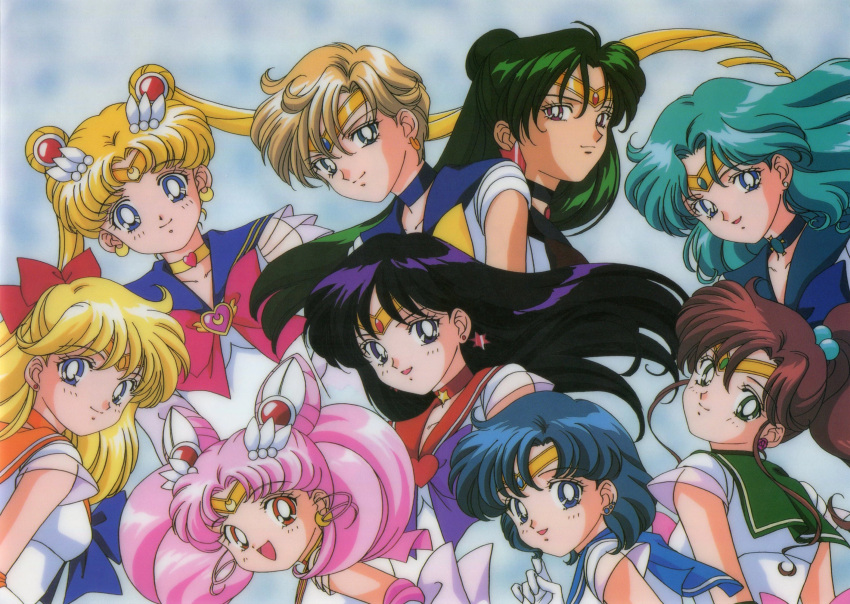 1990s_(style) 6+girls :d aino_minako aqua_hair bangs bishoujo_senshi_sailor_moon black_eyes black_hair blonde_hair blue_eyes blue_hair brown_hair chibi_usa choker closed_mouth crescent crescent_earrings double_bun earrings elbow_gloves eyebrows_visible_through_hair gloves green_eyes green_hair hair_bobbles hair_cones hair_ornament heart heart_choker high_ponytail highres hino_rei jewelry kaiou_michiru kino_makoto leotard light_brown_hair long_hair looking_at_viewer magical_girl meiou_setsuna mizuno_ami multiple_girls official_art open_mouth photoshop_(medium) pink_hair purple_eyes red_eyes retro_artstyle sailor_chibi_moon sailor_jupiter sailor_mars sailor_mercury sailor_moon sailor_neptune sailor_pluto sailor_senshi sailor_senshi_uniform sailor_uranus sailor_venus scan short_hair smile star_(symbol) star_choker super_sailor_chibi_moon super_sailor_moon ten'ou_haruka tiara tsukino_usagi twintails very_long_hair