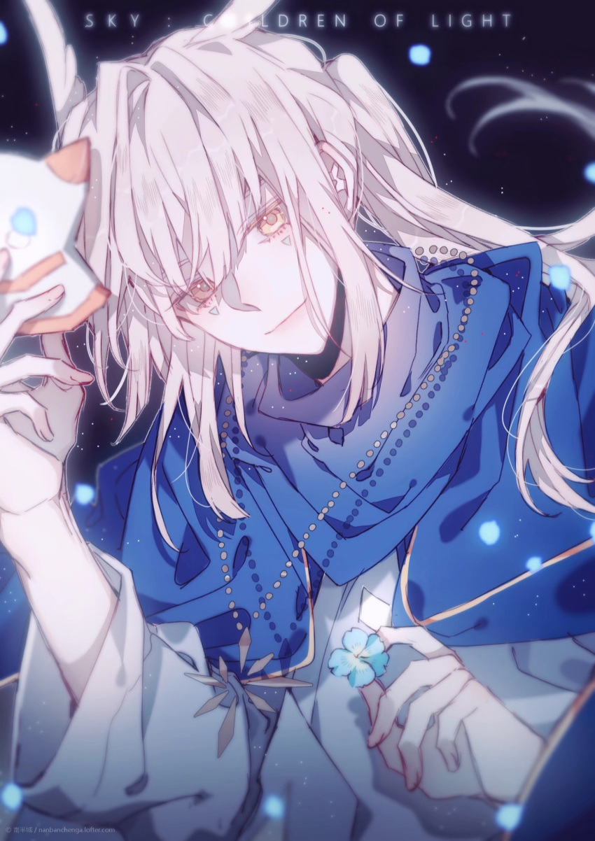 1boy blue_flower chain flower glint grey_hair highres light_particles light_smile long_hair male_focus mask mask_removed nanbanchenga ponytail sky:_children_of_the_light solo sparkle white_hair