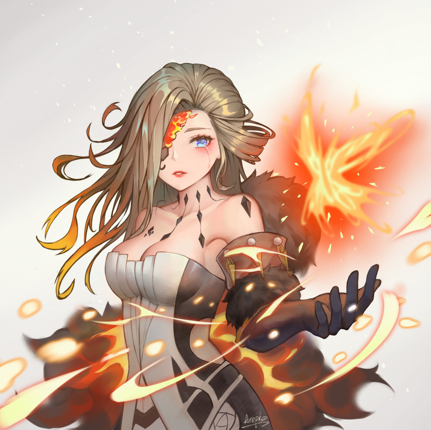 1girl absurdres bare_shoulders black_mask blonde_hair blue_eyes breasts cleavage crying crying_with_eyes_open damon_ct dress elbow_gloves eye_mask fire flame genshin_impact gloves hair_over_one_eye half_mask highres large_breasts long_hair mask mask_over_one_eye one_eye_covered signora_(genshin_impact) strapless strapless_dress tearing_up tears white_background