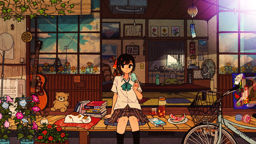 1girl :x acoustic_guitar aqua_bow aqua_bowtie arm_at_side arm_support awakumo beads bicycle black_hair black_legwear blinds blue_flower book book_stack bottle bow bowtie bug building butterfly_net cabinet calendar_(object) calico cat chair cicada closed_mouth cloud coffee_table collarbone collared_shirt commentary_request creature cup cushion drawer drink drinking_glass electric_fan evening film_grain flower flower_pot food fruit grey_skirt ground_vehicle guitar hair_ribbon hand_net hand_up hanging_light highres holding holding_food instrument kneehighs kunreishiki light_switch looking_at_viewer loose_bowtie morning_glory original outdoors phone picture_(object) pink_flower plaid plaid_skirt plant plate pleated_skirt popsicle potted_plant power_lines purple_flower ramune red_flower red_ribbon reflection ribbon romaji_text school_uniform shirt short_hair short_sleeves sitting skirt sky sliding_doors solo stuffed_animal stuffed_toy summer tassel tatami teddy_bear trellis utility_pole veranda vines watermelon watermelon_seeds white_shirt wind_chime wing_collar yellow_flower zabuton