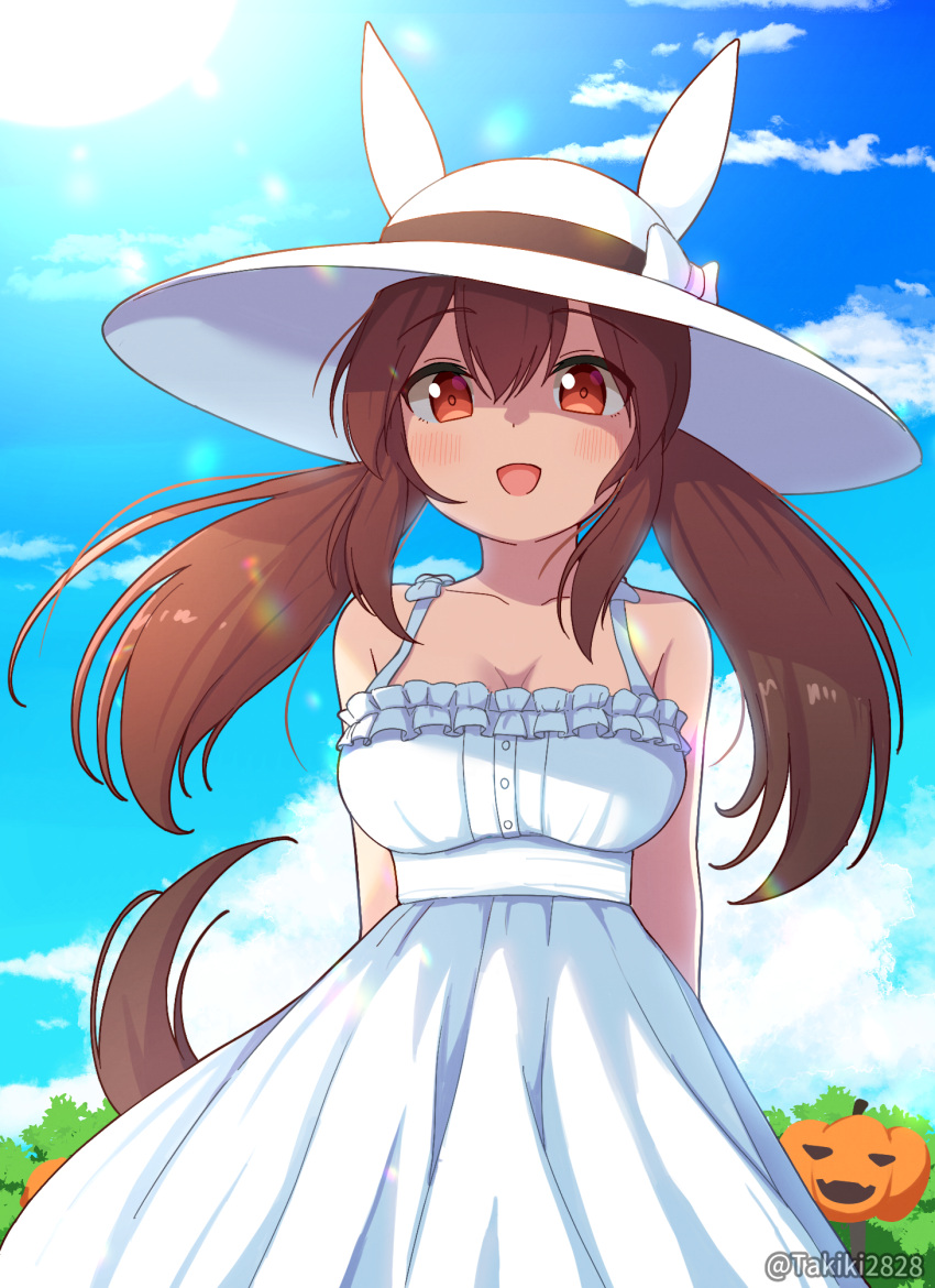 1girl :d animal_ears animal_hat bangs blue_sky breasts brown_hair cleavage cloud commentary_request cosplay day dress eyebrows_visible_through_hair fake_animal_ears frilled_dress frills hair_between_eyes hasshaku-sama hasshaku-sama_(cosplay) hat highres hishi_akebono_(umamusume) horse_ears horse_girl horse_tail jack-o'-lantern long_hair low_twintails medium_breasts open_mouth original outdoors red_eyes sky sleeveless sleeveless_dress smile solo sun sun_hat tail takiki twintails twitter_username umamusume white_dress white_headwear