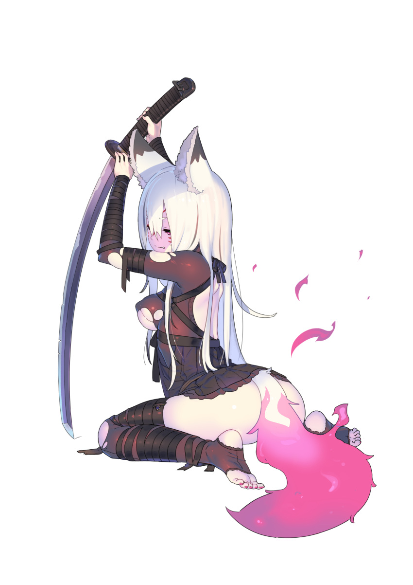 1girl animal_ears ass bangs black_dress breasts commentary_request dress enkyo_yuuichirou facial_mark flower fox_ears fox_tail full_body hair_ornament highres holding holding_sword holding_weapon katana kitsunegasaki_tametsugu_(tenka_hyakken) long_hair official_art purple_eyes red_nails simple_background sitting solo sword tail tenka_hyakken thighhighs toes torn_clothes torn_legwear wariza weapon white_background white_hair