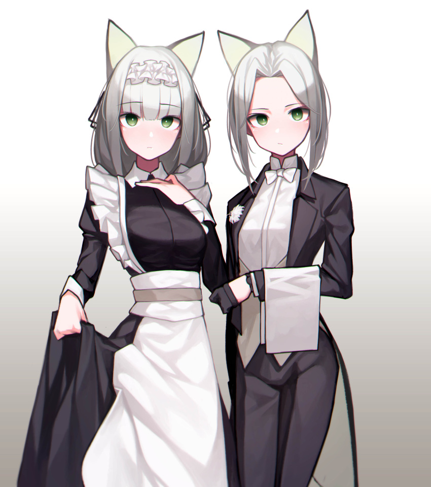 2girls absurdres animal_ears apron arknights bangs beudelb black_dress black_gloves black_jacket black_pants blunt_bangs blush bow bowtie breasts bright_pupils butler cat_ears closed_mouth coattails dress dual_persona eyebrows_visible_through_hair forehead frilled_apron frills gloves gradient gradient_background green_eyes grey_background hand_on_own_chest highres jacket kal'tsit_(arknights) long_hair long_sleeves looking_at_viewer maid maid_headdress medium_breasts multiple_girls official_alternate_costume open_clothes open_jacket pants shirt short_hair silver_hair skirt_hold white_apron white_bow white_bowtie white_shirt
