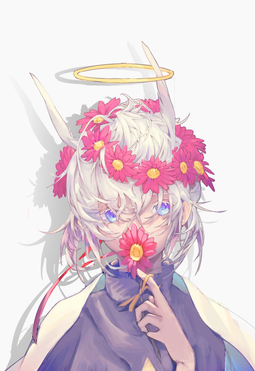 1boy blue_eyes cape colored_inner_hair flower grey_'flat grey_background halo highres looking_at_viewer male_focus mimizuku_(sky:_children_of_the_light) multicolored_hair pink_flower shadow sky:_children_of_the_light solo two-tone_hair white_background white_cape white_hair wreath