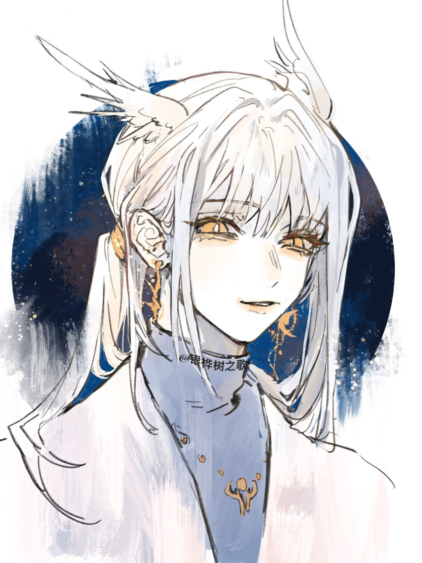 1boy artist_name cape circlet earrings grey_hair highres jewelry light_smile looking_at_viewer male_focus medium_hair ponytail sidelocks sky:_children_of_the_light solo upper_body xiaohailang630 yellow_eyes