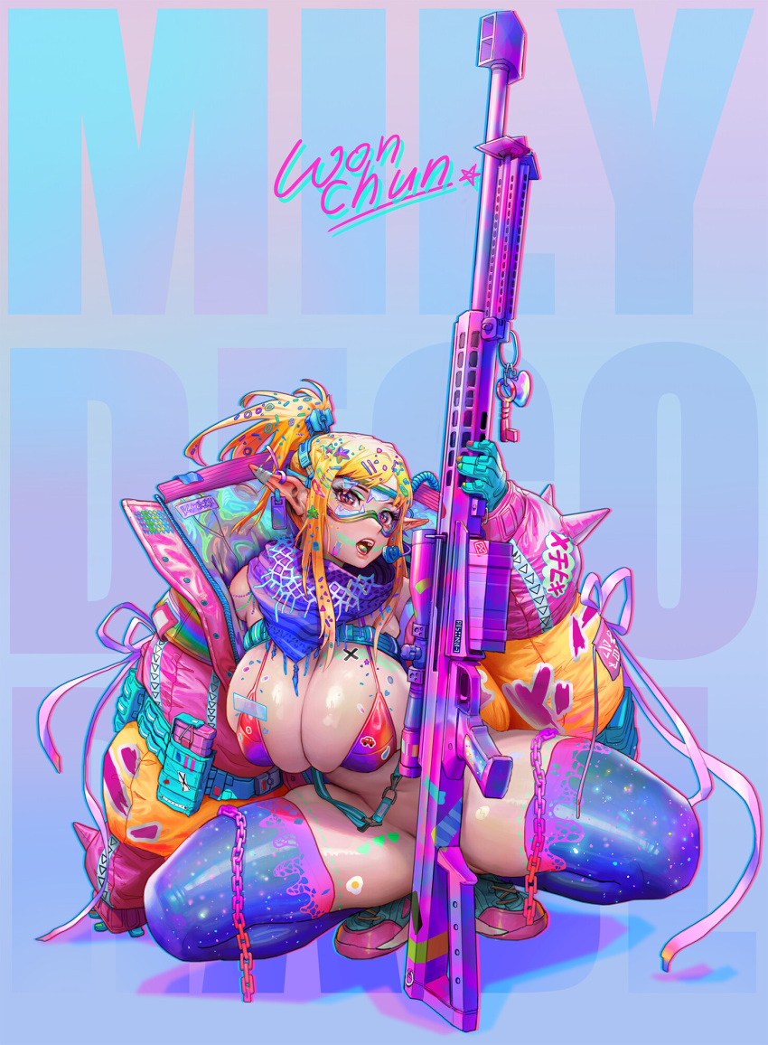 1girl anti-materiel_rifle arm_support barrett_m82 bikini blonde_hair blue_gloves blue_legwear breasts colorful down_jacket facial_mark gloves goggles gun highres holding holding_gun holding_weapon huge_breasts jacket long_hair long_sleeves looking_at_viewer micro_bikini open_clothes open_jacket open_mouth original pointy_ears ponytail pouch purple_scarf purple_theme red_bikini rifle scarf signature sniper_rifle solo squatting swimsuit thighhighs weapon wonchun