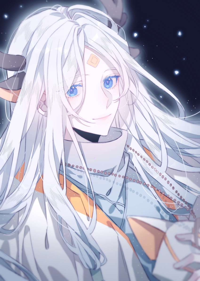 1girl absurdres animal_ears blue_eyes deer_ears glint grey_hair highres horns long_hair mask mask_removed nanbanchenga single_horn sky:_children_of_the_light smile solo sparkle teth_(sky:_children_of_the_light) weasel_mask white_hair