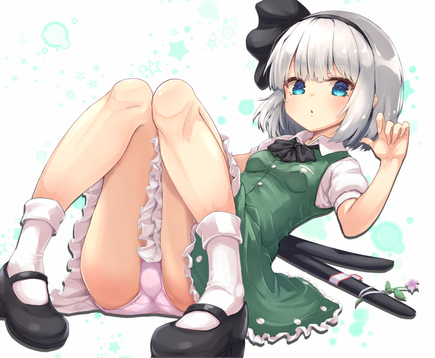 1girl :o ass bangs black_bow black_bowtie black_footwear black_hairband black_ribbon blue_eyes blunt_bangs bob_cut bobby_socks bow bowtie breasts commentary_request eyebrows_visible_through_hair flower full_body green_skirt green_vest hair_between_eyes hair_ribbon hairband hand_up highres hitodama_print katana knees_together_feet_apart konpaku_youmu looking_at_viewer lying mary_janes on_back panties pantyshot parted_lips petticoat puffy_short_sleeves puffy_sleeves purple_flower rabittofaa ribbon sheath sheathed shoes short_sleeves silver_hair simple_background skirt small_breasts socks solo star_(symbol) sword touhou underwear upskirt vest weapon white_background white_legwear wing_collar