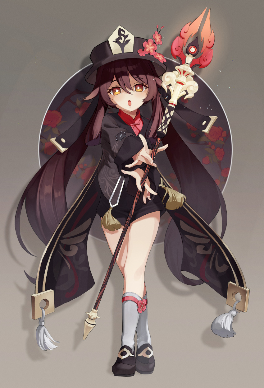 1girl absurdres bangs brown_eyes brown_hair brown_jacket chinese_clothes coattails flower full_body genshin_impact hair_between_eyes hat highres holding holding_polearm holding_weapon hu_tao_(genshin_impact) jacket long_hair long_sleeves looking_at_viewer open_mouth polearm prkn red_flower shoes simple_background socks solo spear staff_of_homa_(genshin_impact) standing tassel thighs twintails weapon white_legwear