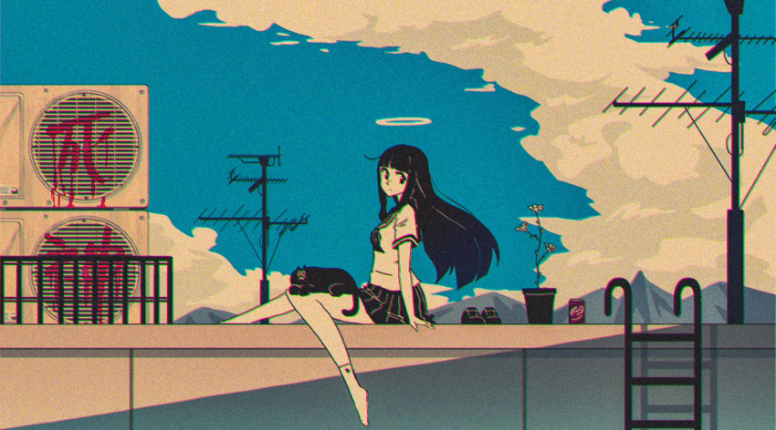 1girl :x air_conditioner animal_on_lap awakumo blue_theme can cat cat_on_lap chromatic_aberration closed_mouth cloud commentary_request day dr_pepper drink film_grain flower_pot foot_up from_side halo highres ladder loafers long_hair looking_at_viewer neckerchief no_shoes o_o original outdoors plant pleated_skirt pool_ladder potted_plant radio_antenna railing sailor_collar school_uniform serafuku shoes shoes_removed short_sleeves sitting skirt sky socks soda soda_can solo spot_color star_(symbol) translation_request wide_shot wind