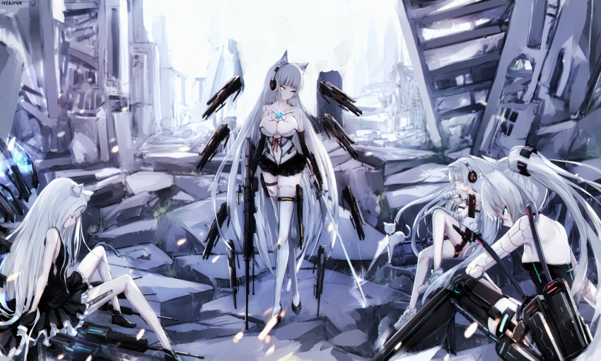 4girls absurdres ai_arctic_warfare android animal animal_ear_fluff animal_ears awp_(girls'_frontline)_(nekoya_(liu)) bangs bare_shoulders black_dress black_footwear black_gloves black_skirt blue_eyes bolt_action breasts cat cat_ears cleavage commentary day dress elbow_gloves eyebrows_visible_through_hair frilled_dress frills girls'_frontline gloves glowing glowing_eyes gun headphones highres holding holding_gun holding_sword holding_weapon large_breasts long_hair miniskirt multiple_girls nekoya_(liu) object_namesake original outdoors parted_bangs pleated_dress pleated_skirt revision rifle ruins shoes silver_hair sitting skirt sniper_rifle standing strapless strapless_dress sword thighhighs twintails very_long_hair weapon white_cat white_footwear white_legwear yellow_eyes