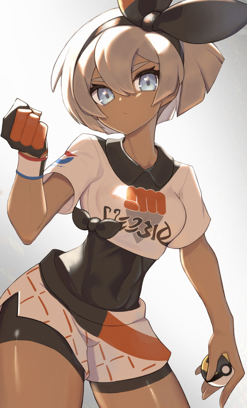 1girl bangs bea_(pokemon) black_bodysuit black_hairband blonde_hair blue_eyes bodysuit bodysuit_under_clothes bow_hairband breasts clenched_hand closed_mouth collared_shirt commentary_request covered_abs covered_navel cowboy_shot dynamax_band eyelashes gloves hair_between_eyes hairband hand_up highres holding holding_poke_ball looking_at_viewer nuneno partially_fingerless_gloves poke_ball pokemon pokemon_(game) pokemon_swsh print_shirt print_shorts shiny shiny_skin shirt short_hair short_sleeves shorts side_slit side_slit_shorts single_glove solo ultra_ball