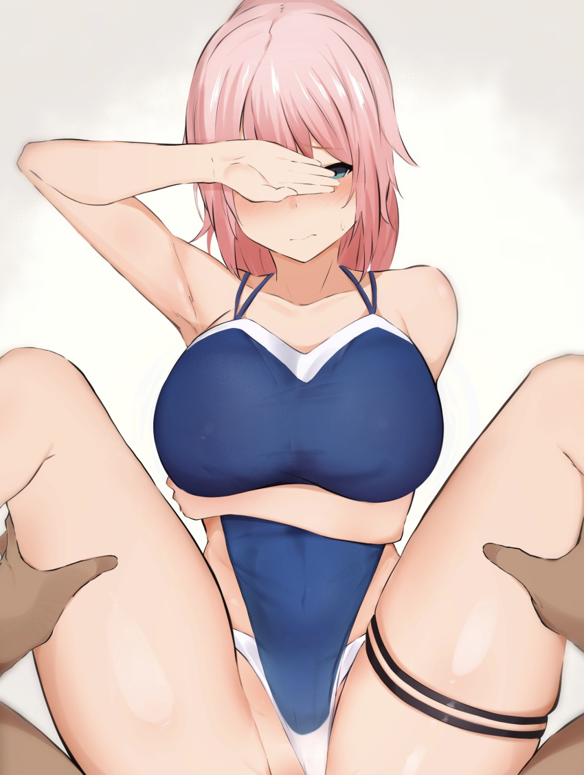 1boy 1girl arm_under_breasts blue_eyes blue_swimsuit blush breast_hold breasts closed_mouth clothing_aside commentary_request competition_swimsuit covering_face grey_background halterneck hetero highres implied_sex large_breasts long_hair looking_at_viewer lying m_legs narusan_beam2 on_back one-piece_swimsuit out-of-frame_censoring pink_hair pov shionne_(tales) simple_background skindentation solo_focus spread_legs swimsuit swimsuit_aside tales_of_(series) tales_of_arise thigh_strap