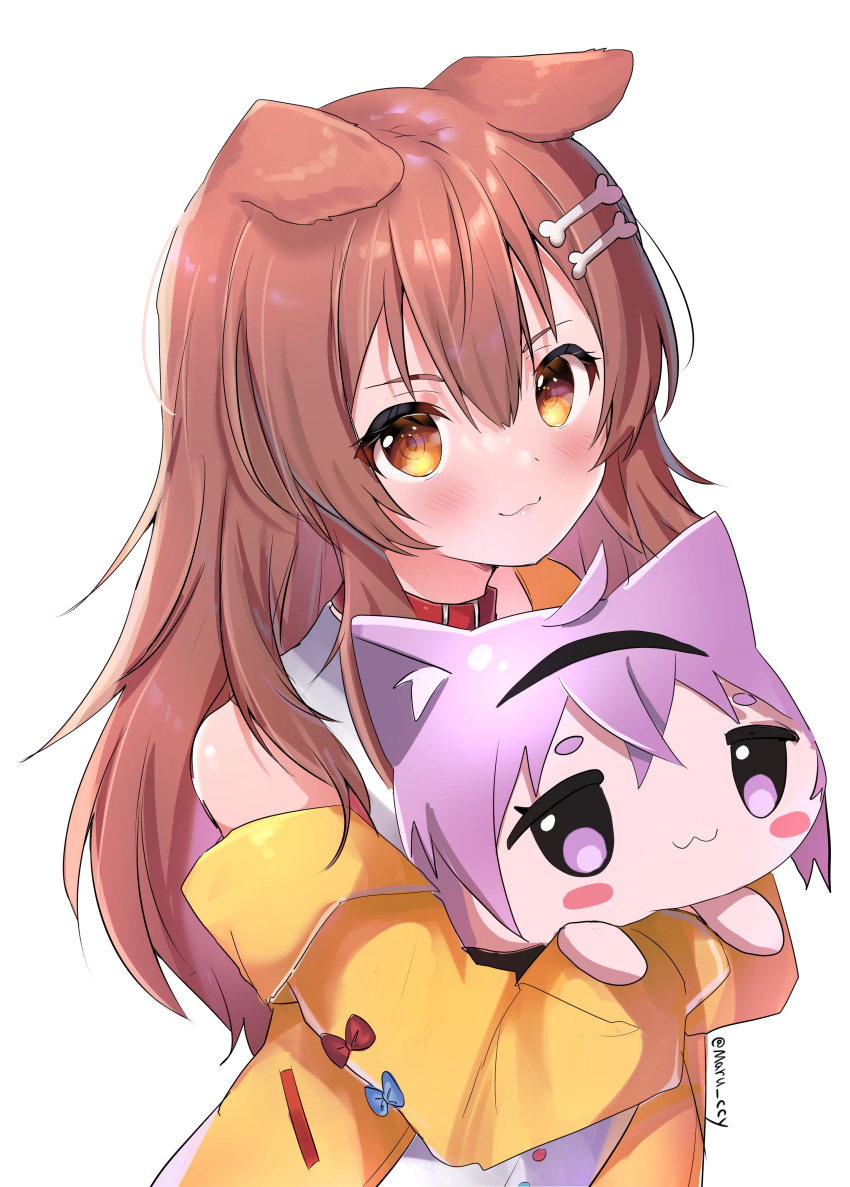 1girl :3 absurdres animal_collar animal_ears bangs blue_bow blush bone_hair_ornament bow bracelet braid breasts brown_eyes brown_hair buttons cat_girl chocolate_cornet collar dog_ears dog_girl dog_tail dress eyebrows_visible_through_hair fangs food hair_between_eyes hair_ornament hairclip highres hololive inugami_korone jacket jewelry long_hair looking_at_viewer low_twin_braids maru_ccy nekomata_okayu off_shoulder open_mouth purple_eyes purple_hair red_bow red_collar red_legwear shoes short_dress short_hair smile sneakers solo tail twin_braids virtual_youtuber white_dress yellow_jacket