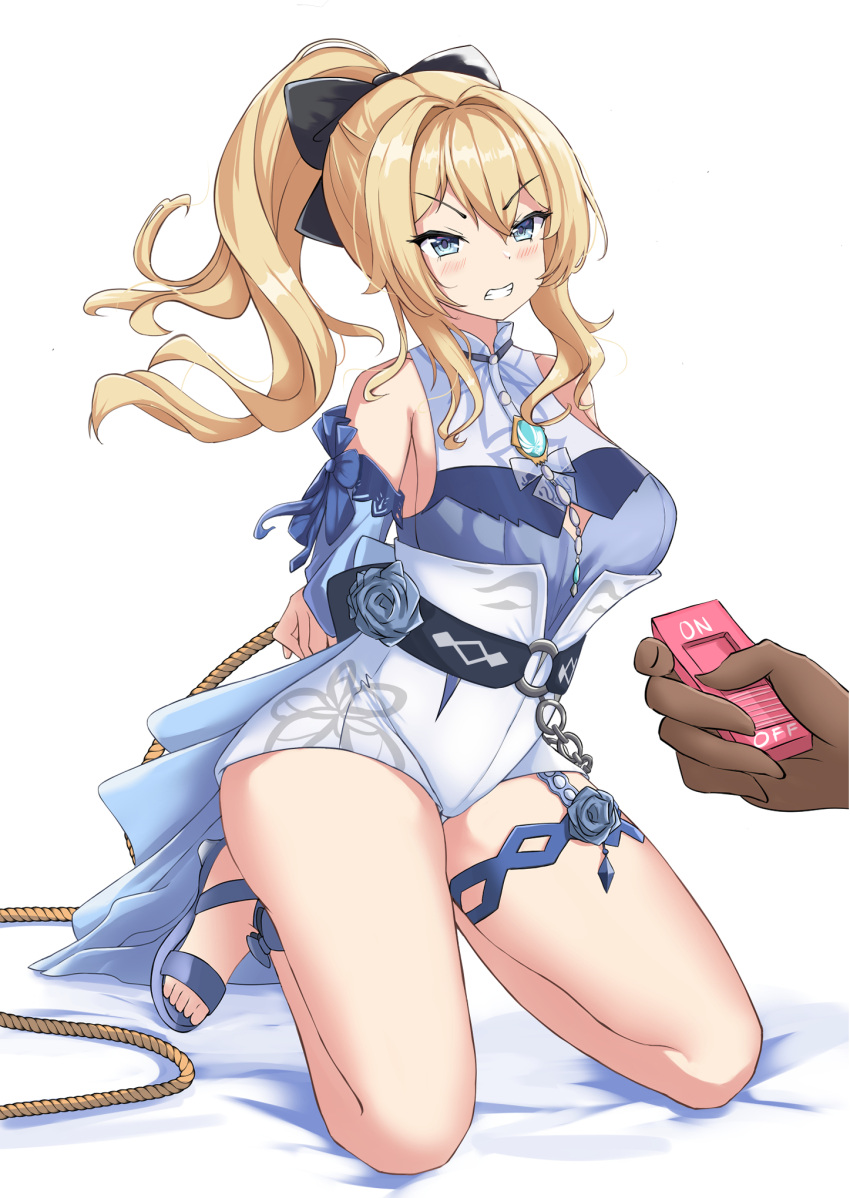 1girl 1other :o bangs bdsm bed_sheet belt blonde_hair blue_eyes bound bow chain clenched_teeth commentary_request controller detached_sleeves eyebrows_visible_through_hair genshin_impact hair_between_eyes hair_bow hair_ribbon highres holding holding_remote_control jean_(genshin_impact) jean_(sea_breeze_dandelion)_(genshin_impact) line4x long_hair looking_at_viewer ponytail remote_control ribbon rope seiza sexually_suggestive sidelocks sitting teeth thighlet tied_up_(nonsexual) v-shaped_eyebrows vision_(genshin_impact) white_background