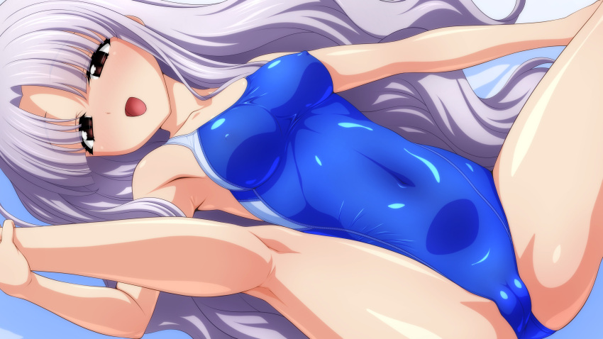 1girl absurdres azmaria_hendric blue_swimsuit breasts cameltoe chrono_crusade collarbone commentary_request competition_swimsuit covered_navel cowboy_shot highres long_hair lying medium_breasts one-piece_swimsuit purple_hair red_eyes solo split sugimura_tomokazu swimsuit