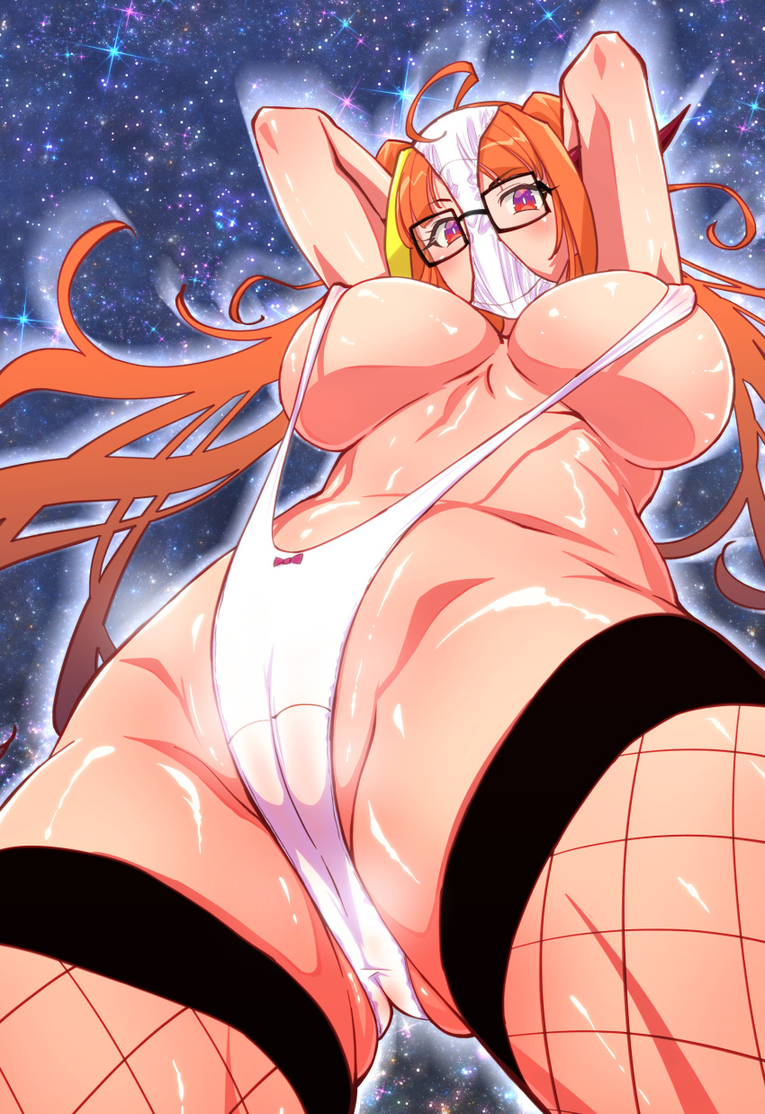 1girl absurdres ahoge arms_behind_head ass_visible_through_thighs bow bow_panties breasts cameltoe covered_mouth dragon_girl dragon_horns fishnets from_below glasses hentai_kamen highres hokke_(fryinghokke) hololive horns huge_breasts kiryu_coco long_hair looking_at_viewer midriff multicolored_eyes orange_hair panties red_eyes shiny shiny_skin slingshot slingshot_swimsuit solo sparkle star_(sky) swimsuit thighhighs thighs underboob underwear virtual_youtuber white_panties