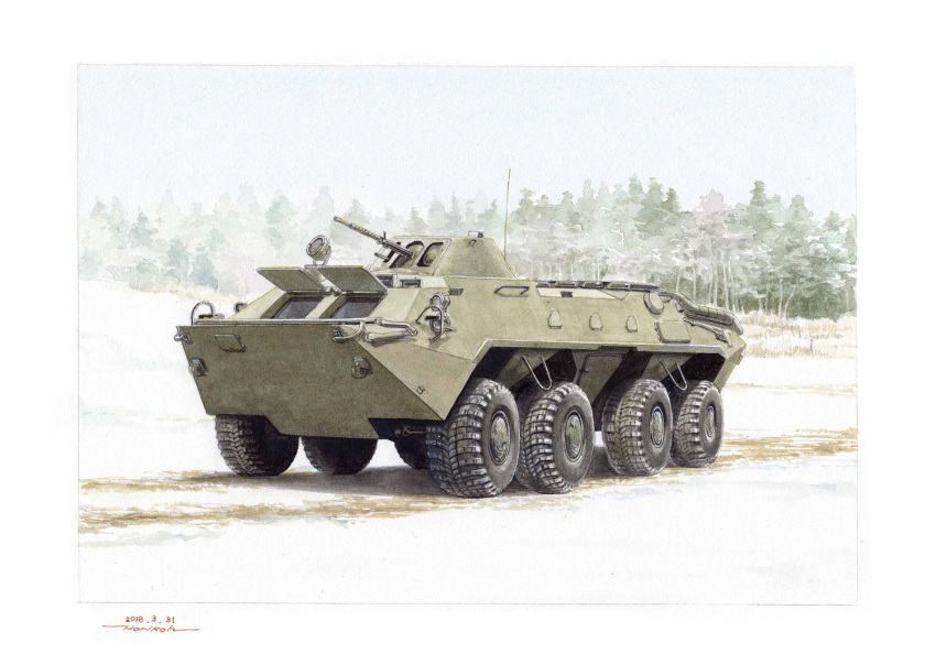 armored_vehicle btr-70 commentary_request dated day forest framed ground_vehicle gun horikou military military_vehicle motor_vehicle nature no_humans original outdoors russia scenery sky soviet weapon