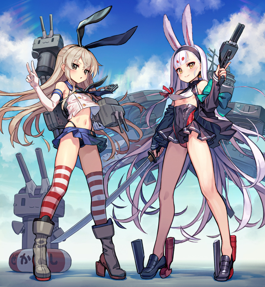 2girls absurdres animal_ears azur_lane bangs bare_legs bare_shoulders black_jacket black_panties blonde_hair blue_sky blunt_bangs boots breasts brown_eyes crop_top crossover day elbow_gloves gloves gun hair_ornament hairband highleg highleg_panties highres holding holding_gun holding_weapon jacket kantai_collection kurobuta_gekkan lifebuoy long_hair looking_at_viewer miniskirt multiple_girls namesake navel neckerchief outdoors panties rabbit_ears rensouhou-chan rudder_footwear sailor_collar school_uniform serafuku shimakaze_(azur_lane) shimakaze_(kancolle) shirt skirt sky small_breasts standing striped striped_legwear thighhighs trigger_discipline underwear v very_long_hair weapon white_gloves white_hair white_shirt yellow_eyes