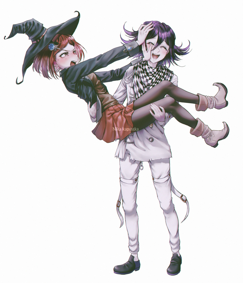 1boy 1girl :d absurdres bangs black_headwear black_jacket blush boots brown_footwear buttons carrying checkered checkered_neckwear checkered_scarf closed_eyes danganronpa_(series) flipped_hair full_body hair_between_eyes hair_ornament hairclip hat highres jacket long_sleeves nika_kapustka open_clothes open_jacket open_mouth ouma_kokichi pants pantyhose princess_carry purple_hair red_hair red_legwear red_skirt scarf shiny shiny_hair shoes short_hair simple_background skirt smile standing straitjacket sweatdrop teeth white_background white_jacket white_pants witch_hat